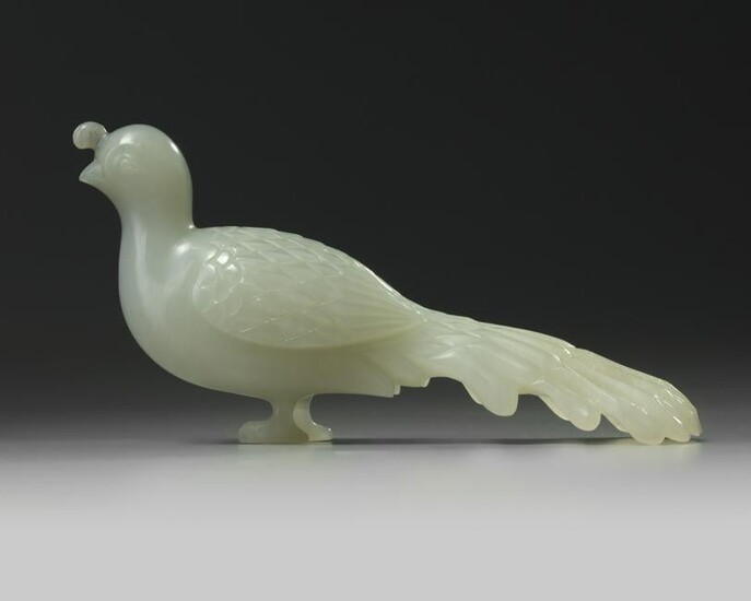 A CHINESE PALE CELADON AND GREY JADE PEACOCK