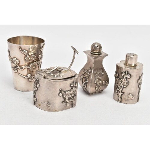 A CHINESE SILVER CONDIMENT SET, comprising a salt with clear...
