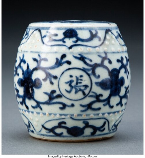 A Chinese Blue and White Garden Stool-Form Weigh
