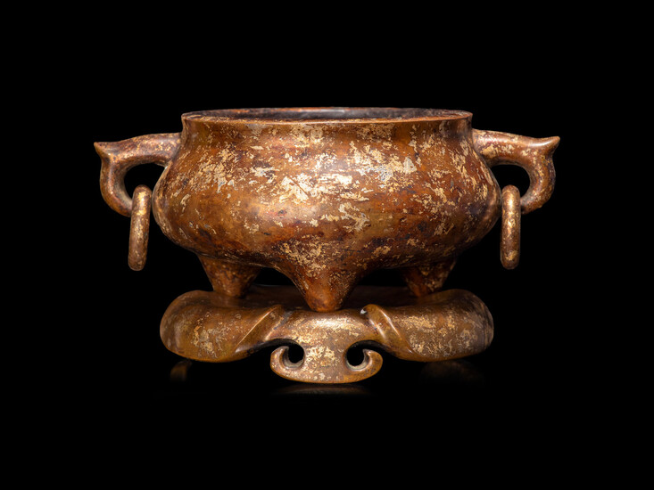 A Chinese Gold-Splashed Bronze Incense Burner and Stand
