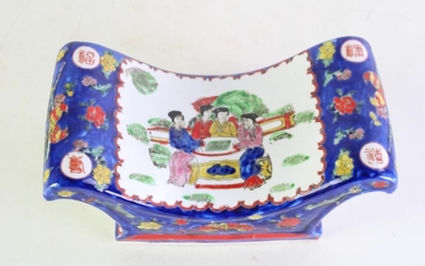 A Chinese Polychrome Porcelain Pillow featuring Ladies (25cm x 13cm)