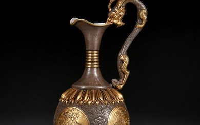 A Chinese Silver Partly Gilt Wine Ewer