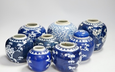A Chinese blue and white 'shuangxi' jar, and seven blue and ...