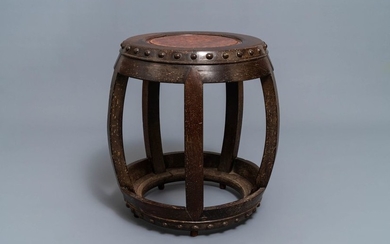 A Chinese carved hardwood stand with rootwood top,...