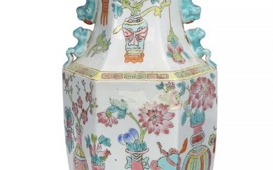 A Chinese enamelled porcelain vase of hexagonal baluster form, painted with vase...