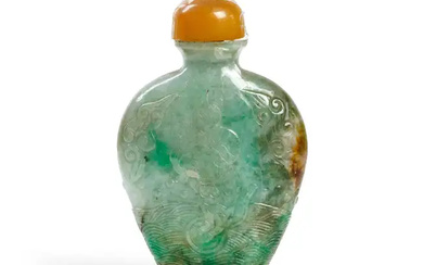 A Chinese jadeite snuff bottle Late Qing dynasty Of flattened baluster form,...