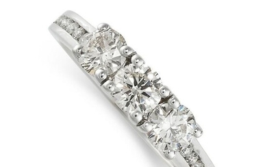 A DIAMOND THREE STONE RING in 18ct white gold, set with