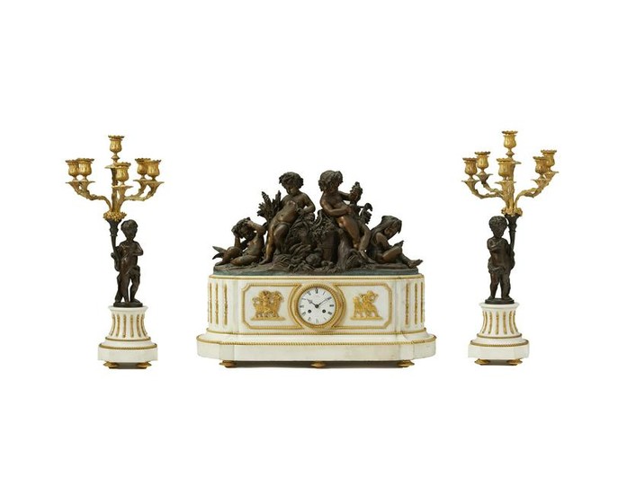 A Deniere France white marble and gilt-bronze clock set