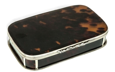 A Dutch tortoiseshell box, with pseudo Dutch marks and tax mark, probably 19th century, the box of rounded rectangular form with reeded banding to lid and an applied foliate thumbpiece, 10.2 x 15.8 x 3.0cm
