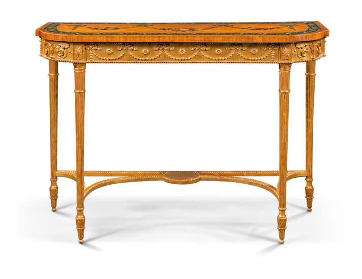 A GEORGE III POLYCHROME-PAINTED, SATINWOOD, TULIPWOOD-CROSSBANDED AND PARCEL-GILT SIDE TABLE
