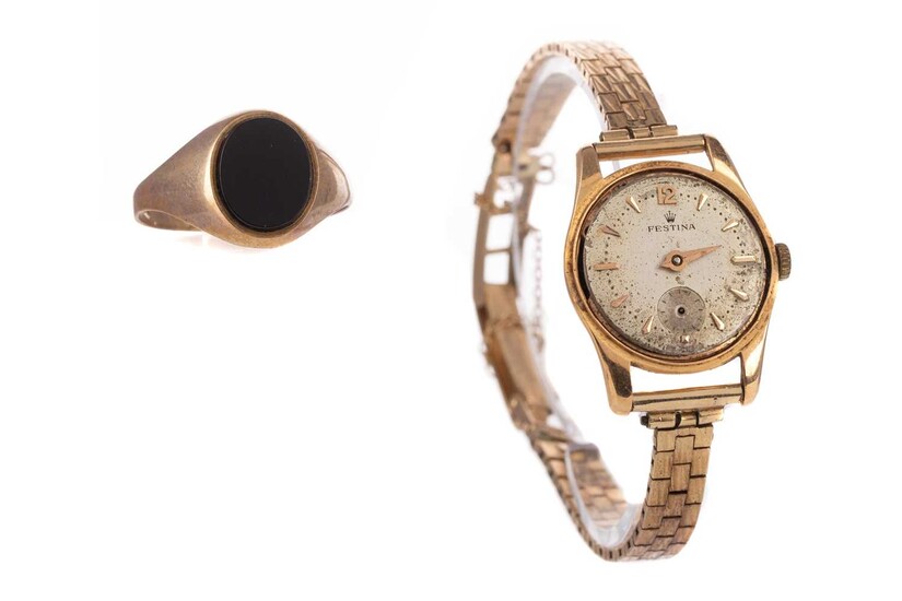 A GOLD SIGNET RING AND A WATCH