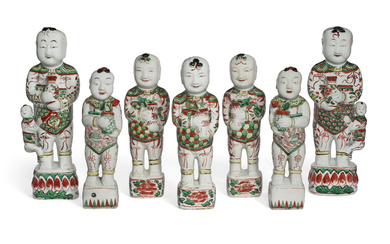 A GROUP OF SEVEN CHINESE EXPORT PORCELAIN BOYS KANGXI PERIOD...