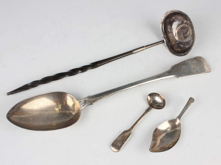 A George IV silver Fiddle pattern basting spoon, London 1823 by John Meek, length 30cm, a silver bri