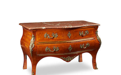 A German Rococo Style Marble Top Gilt Bronze Mounted Parquetry Commode