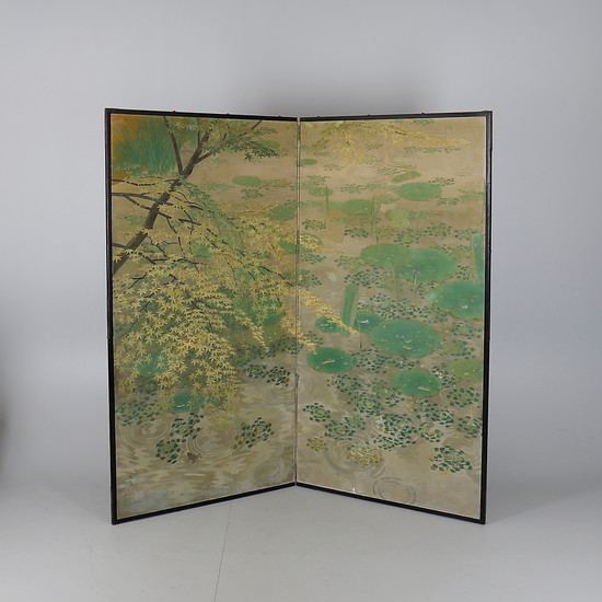 A JAPANESE PAINTED TWO-FOLD SCREEN.