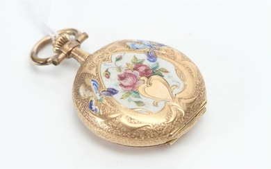 A LADIES GOLD AND ENAMEL POCKET WATCH ACID TESTED AS 14CT GOLD, CROWN WIND AND LEVER SET, DIAMETER 29MM, TOTAL WEIGHT 20GMS