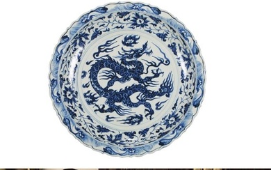 A LARGE BLUE AND WHITE DRAGON PLATE