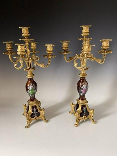 A LARGE PAIR OF FRENCH LIMOGES ENAMEL CANDELABRA