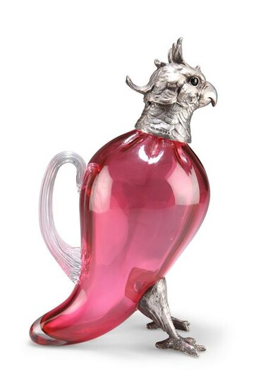 A LARGE SILVER-MOUNTED CRANBERRY GLASS NOVELTY CLARET