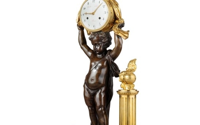 A Louis XVI gilt and patinated bronze mantel clock | Pendule de cheminée en bronze doré et bronze, d'époque Louis XVI