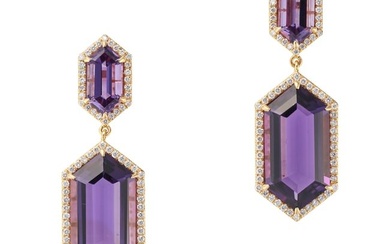 A PAIR OF AMETHYST AND DIAMOND DROP EARRINGS each set with a hexagonal amethyst in a border of round