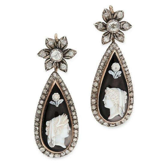 A PAIR OF ANTIQUE CAMEO AND DIAMOND EARRINGS, 19TH