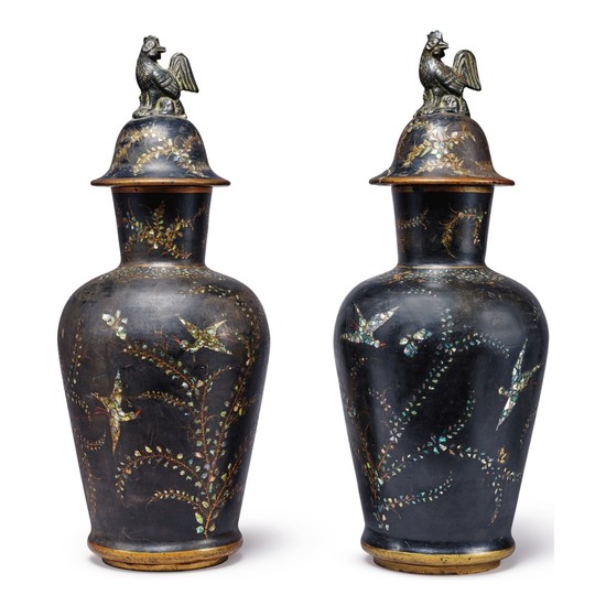A PAIR OF BERLIN FAIENCE BLACK-LACQUERED AND MOTHER-OF-PEARL INLAID VASES AND COVERS, 19TH CENTURY