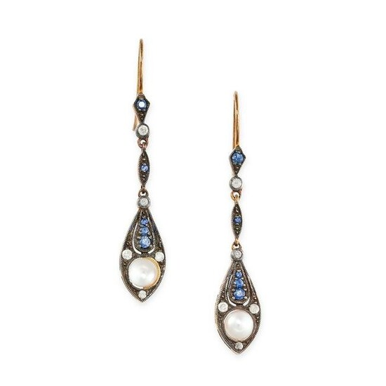 A PAIR OF DIAMOND, PEARL AND SAPPHIRE EARRINGS