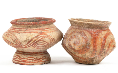 A PAIR OF IRON AGE POLYCHROME EARTHENWARE POTS FROM BAN CHAING, THAILAND