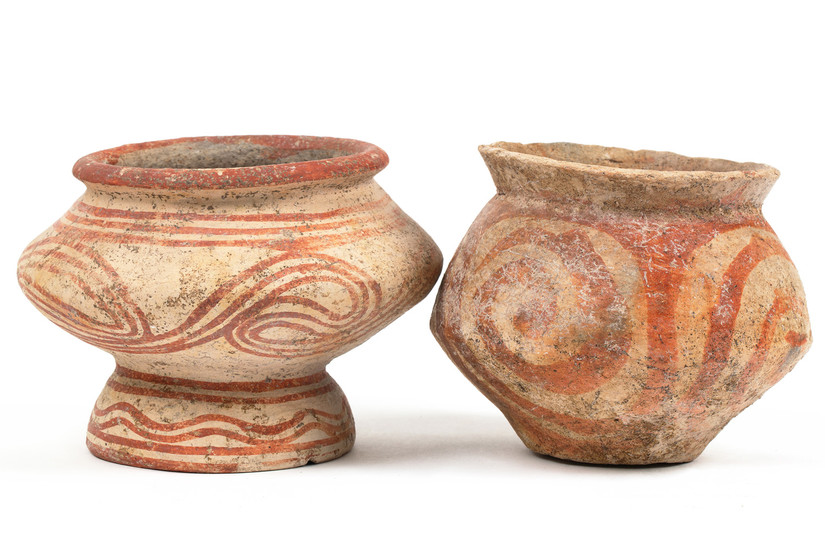 A PAIR OF IRON AGE POLYCHROME EARTHENWARE POTS FROM BAN CHAING, THAILAND