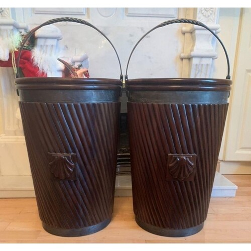 A PAIR OF LARGE IRISH PEAT BUCKETS, decorated with carved sc...