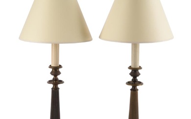 A PAIR OF PATINATED TABLE LAMPS, IN EMPIRE STYLE