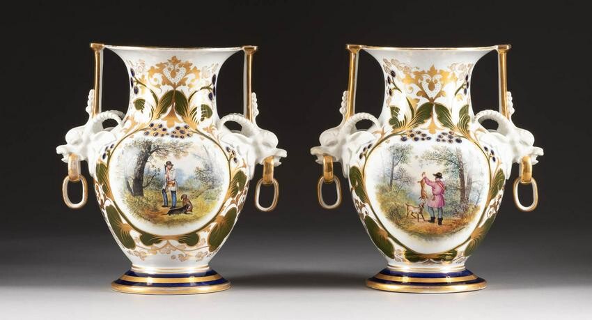 A PAIR OF PORCELAIN VASES WITH HUNTERS Russian