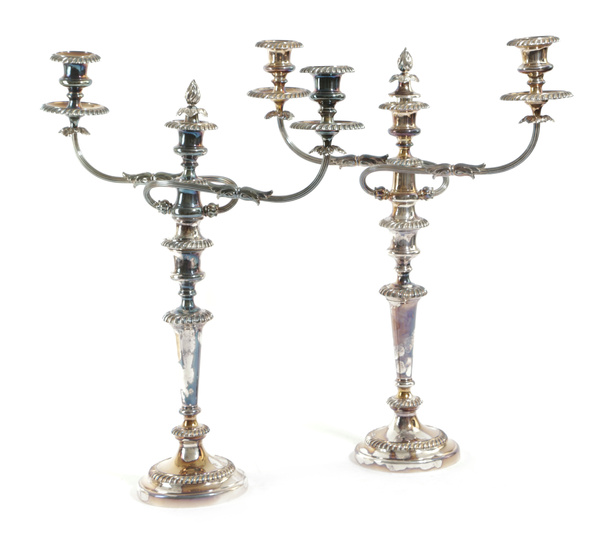 A PAIR OF SILVER PLATED THREE LIGHT CANDELABRA