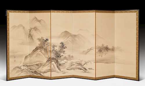 A PAIR OF SIXFOLD BYOBU BY SUZUKI KASON (1860-1919).