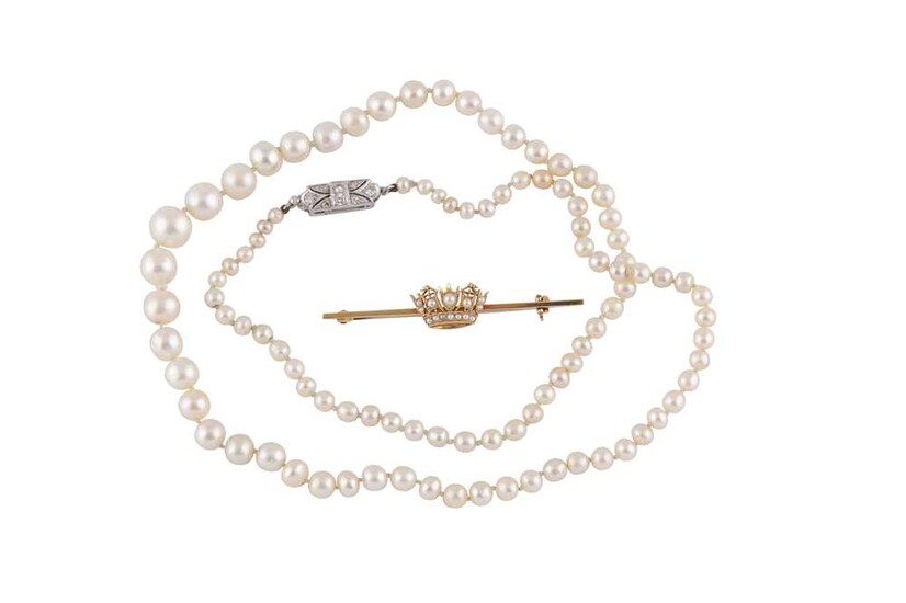 A PEARL NECKLACE AND A SEED PEARL BROOCH
