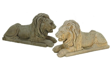 A Pair of Carved Sandstone Seated Lions.