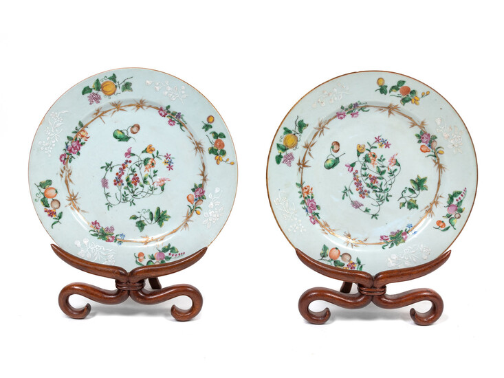 A Pair of Chinese Export Style Porcelain Plates with Stands