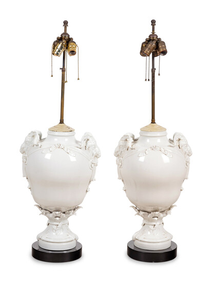 A Pair of German Blanc-de-Chine Porcelain Urns Mounted as Lamps