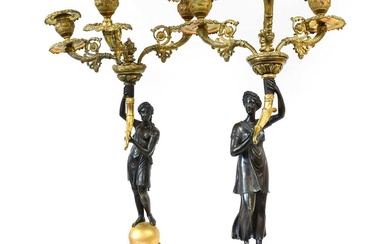 A Pair of Gilt and Patinated Bronze Three-Light Candleabra, in...