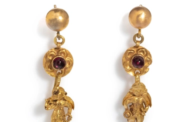 A Pair of Greek Gold and Garnet Earrings with the God Eros