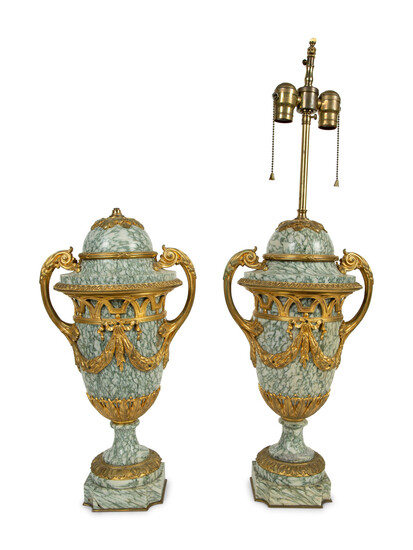 A Pair of Louis XV Style Bronze Mounted Marble Urn-Form Lamps