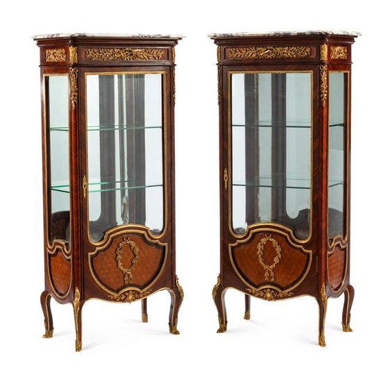 A Pair of Louis XV Style Gilt Bronze Mounted Vitrines