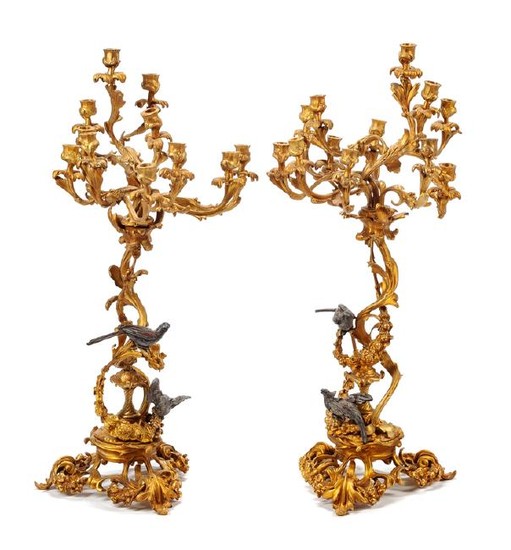 A Pair of Louis XV Style Gilt and Patinated Bronze Twelve-Light Candelabra