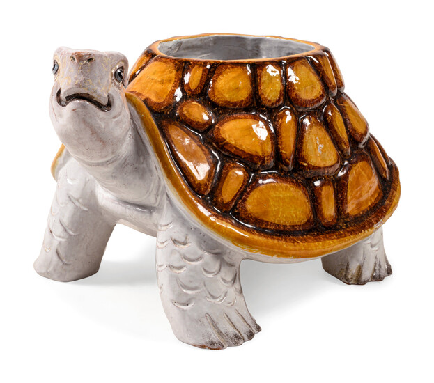 A Polychrome Glazed Earthenware Tortoise Jardinière