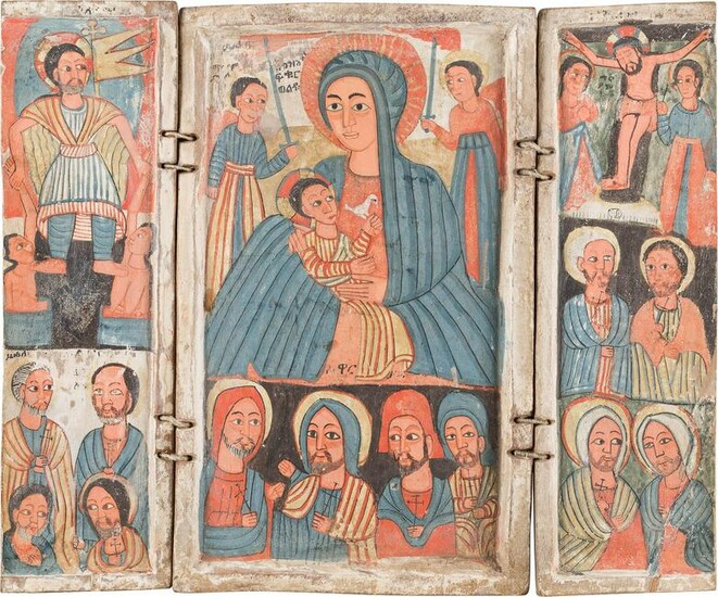A RARE COPTIC TRIPTYCH SHOWING THE MOTHER OF GOD, THE
