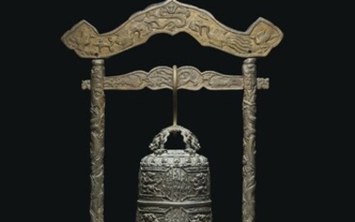 A RARE DATED PARCEL-GILT BRONZE TEMPLE BELL AND A STAND, BELL, HONGZHI PERIOD, WITH CYCLICAL DATE CORRESPONDING TO 1499 AND OF THE PERIOD; STAND, JIAJING SIX-CHARACTER MARK AND OF THE PERIOD (1522-1566)