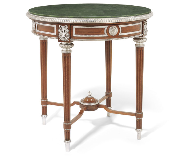 A RARE SILVER-MOUNTED SYCAMORE AND NEPHRITE TABLE, MARKED FABERGÉ WITH IMPERIAL WARRANT, WITH THE MARK OF THE FIRST SILVER ARTEL, ST PETERSBURG, 1908-1917, SCRATCHED INVENTORY NUMBER 20458