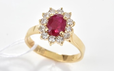 A RUBY AND DIAMOND RING IN 18CT GOLD, RUBY WEIGHING 1.20CTS