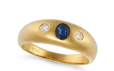 A SAPPHIRE AND DIAMOND GYPSY RING in 18ct yellow gold, set with an oval cut sapphire between two